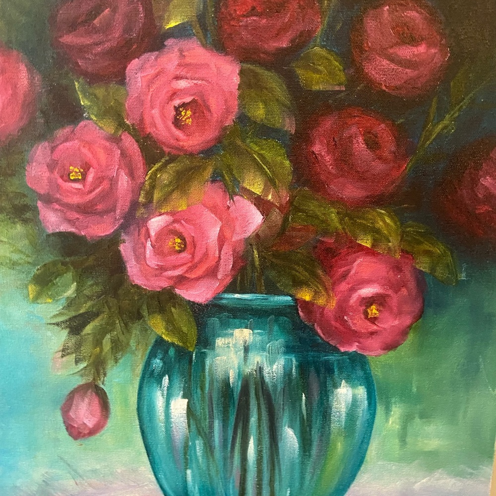 Floral Painting with Pink and Red Roses signed Wesson